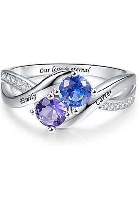 Customized Mothers Ring 925 Sterling Silver Twisted Name Rings with 2 Round Cut Simulated Birthstones Personalized Infinity Promise Rings with 2 Names