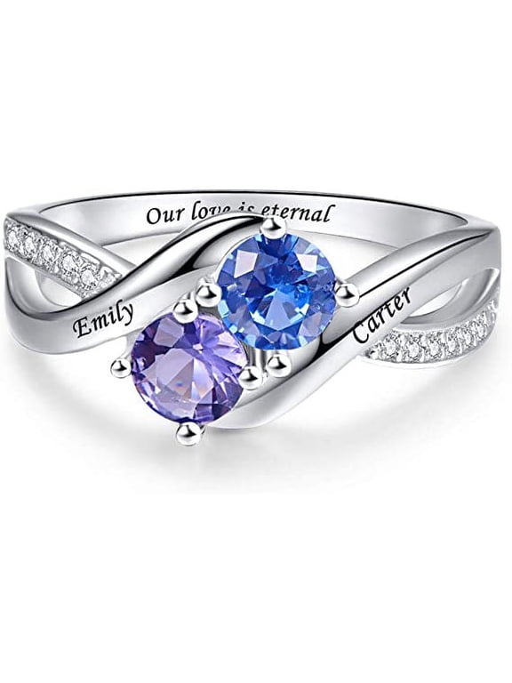 Customized Mothers Ring 925 Sterling Silver Twisted Name Rings with 2 Round Cut Simulated Birthstones Personalized Infinity Promise Rings with 2 Names