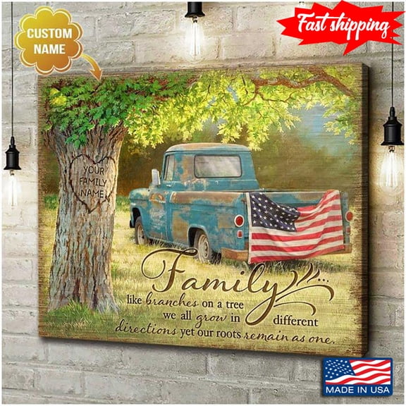 Customized Name Blue Truck Under Tree Family Like Branches On A Tree We All Grow In Different Directions Yet Our Roots Remain As One 11 x 17 Inch Poster