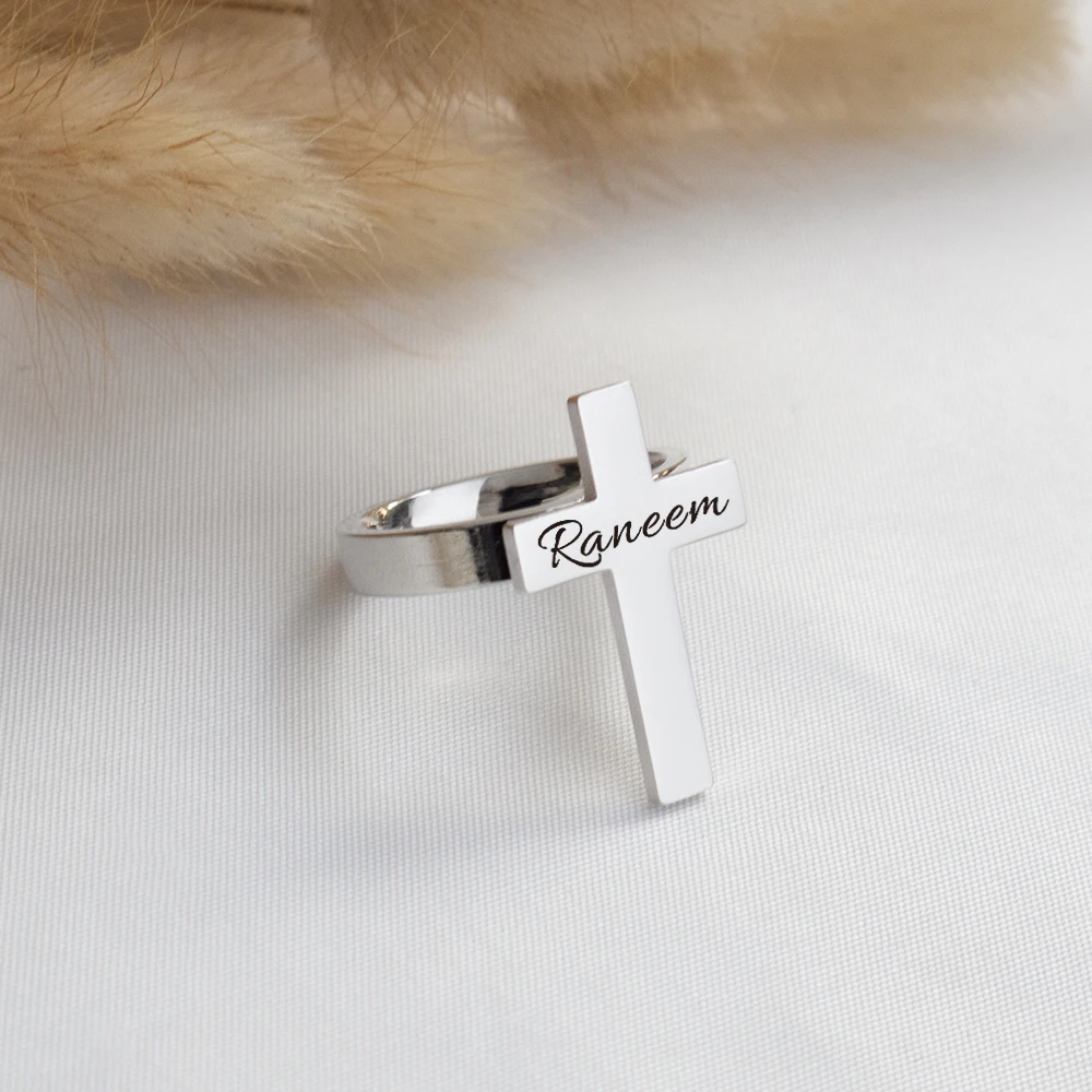 Customized Name Cross Ring Personalized Carving 14K Yellow Gold Ring ...