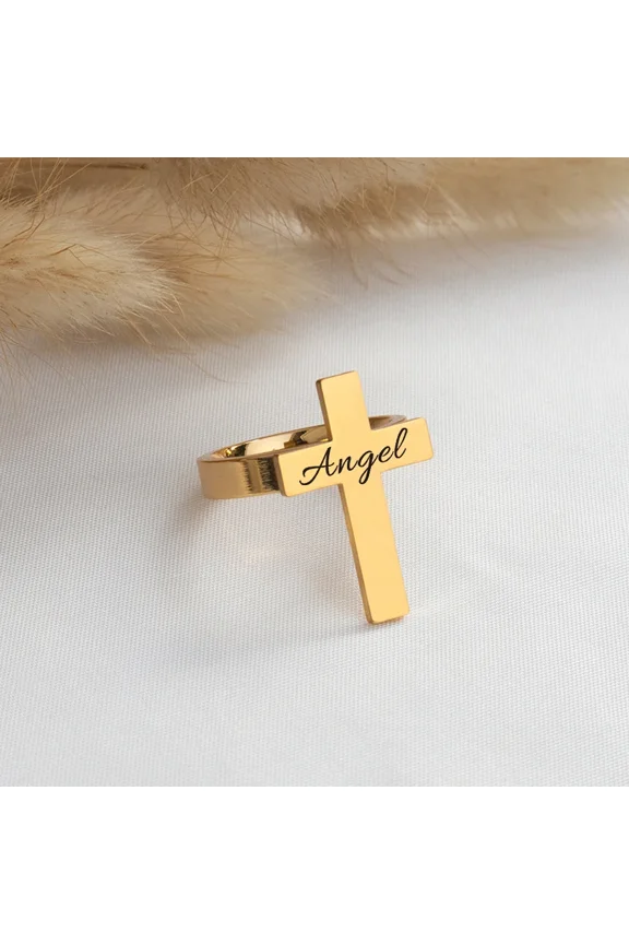 Customized Name Cross Ring Personalized Carving 14K Yellow Gold Ring Jesus Prayer Ring Jewelry Gift