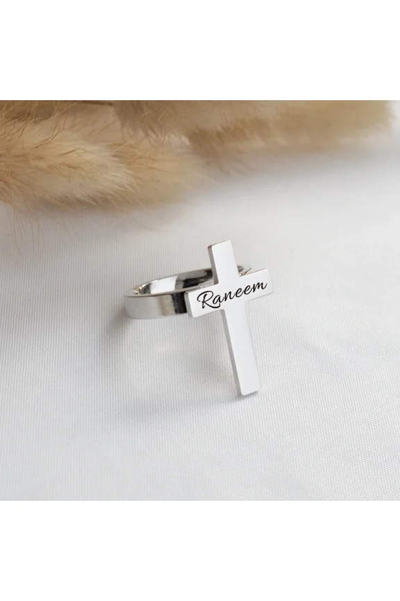 Customized Name Cross Ring Personalized Carving 14K Yellow Gold Ring Jesus Prayer Ring Jewelry Gift