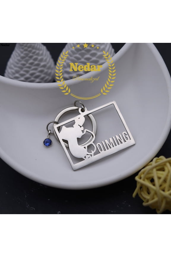 Customized Name Crouching Intimate Cat Heart Keychain Stainless Steel Couple Kitten Animal Nameplate Birthstone Keyring