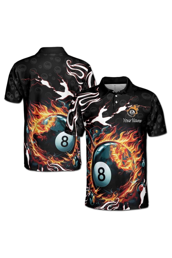 Customized Name Flaming 8-Ball Billiards on Fire Men's Polo Shirt S-5XL