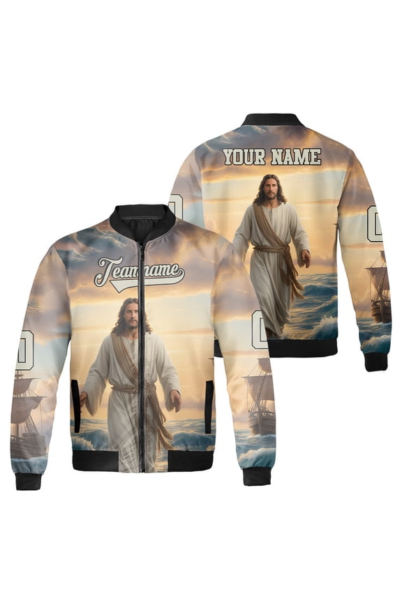 Customized Name & Number Jesus Walking On Water Bomber Jacket - Religious Jacket, Inspirational Christian Apparel, Unique Faith-Based Christmas Gift