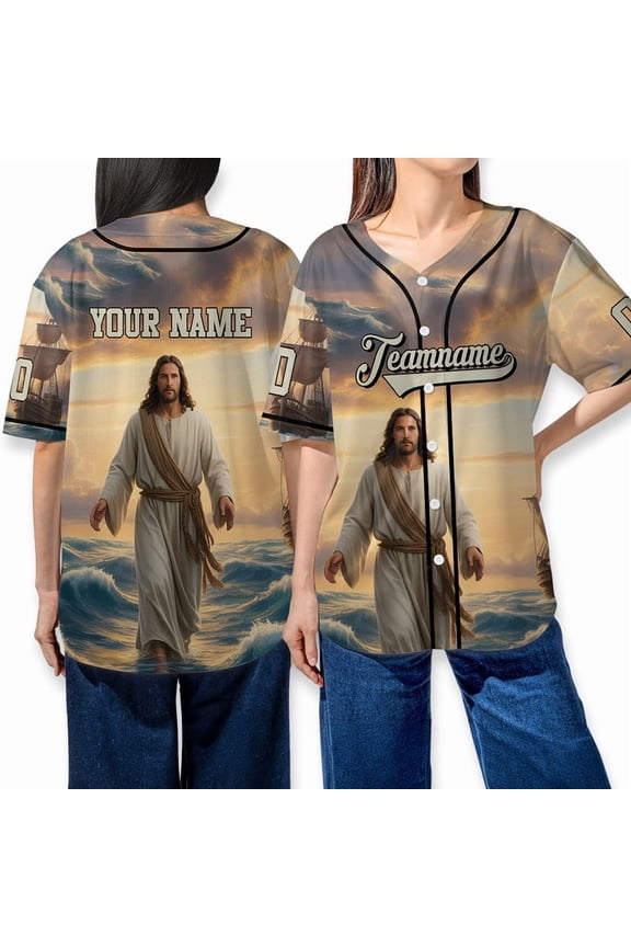Customized Name NumberJesus Walking On Water Baseball Jersey Shirt - Religious Jersey Shirt, Inspirational Christian Apparel, Unique Faith-Based Gift