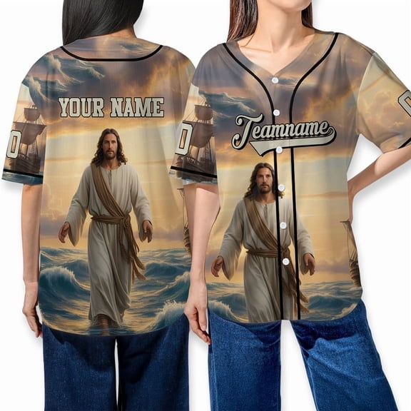 Customized Name NumberJesus Walking On Water Baseball Jersey Shirt - Religious Jersey Shirt, Inspirational Christian Apparel, Unique Faith-Based Gift