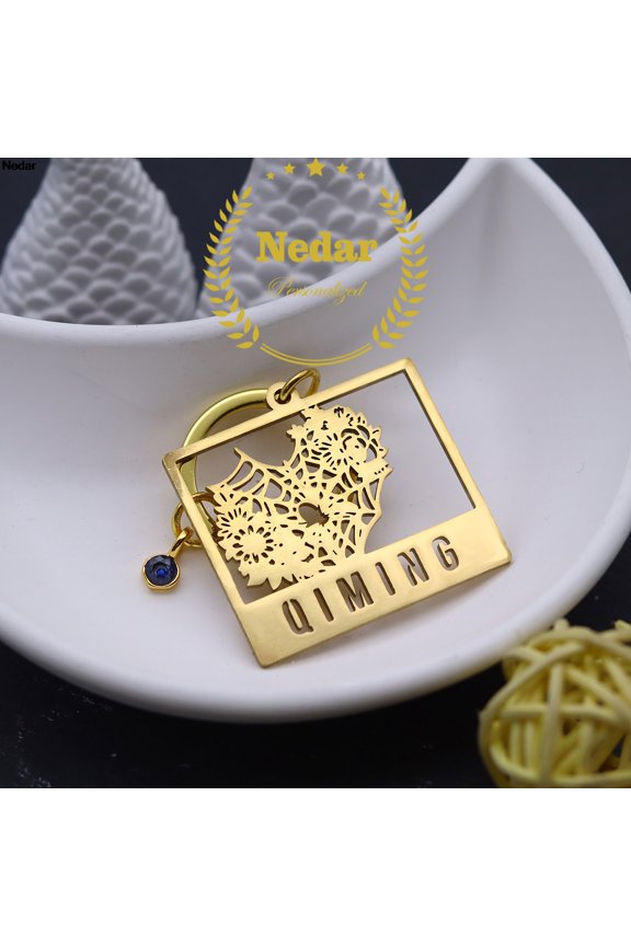 Customized Name Spider Key Chain Stainless Steel Heart Web Birthstone Custom Flower Nameplate Keychain Halloween Gift