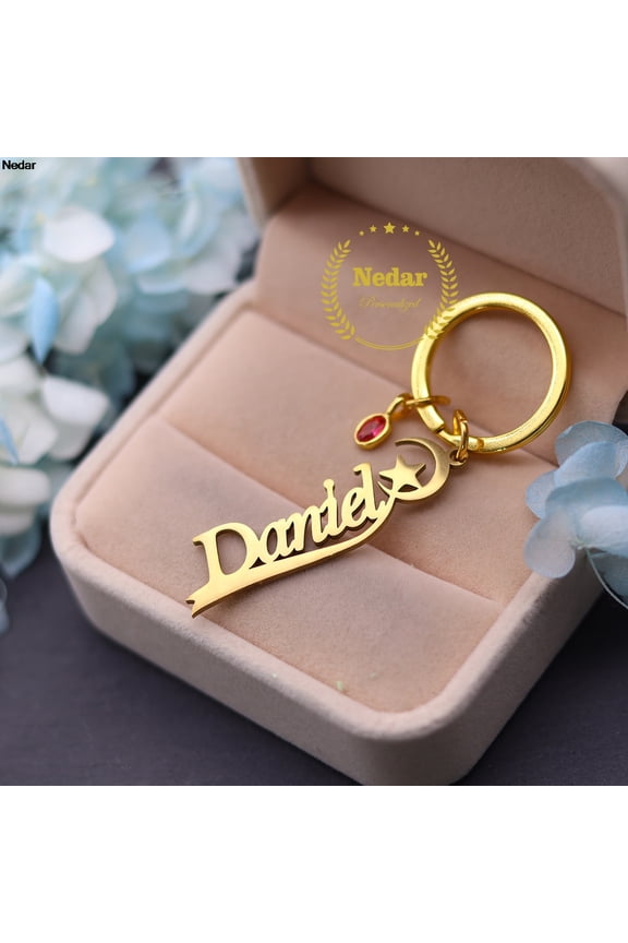 Customized Name Star Keychain for Women Men Stainless Steel Moon Birthstone Party Birthday Gift Custom Nameplate Keyring