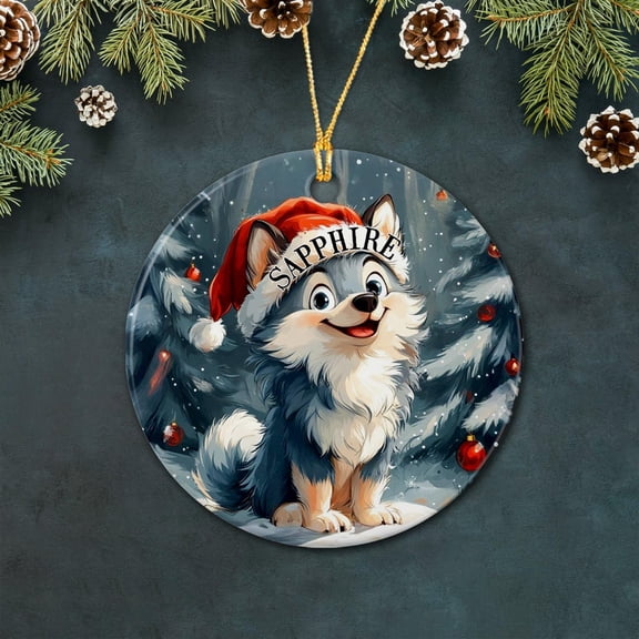 Customized Name Wolf Ceramic Xmas Ornament, Personalized Wolf Xmas Ornament Gift for Son Daughter Child Animal Lover, Cute Wolf Ceramic Ornament Hanging Xmas Tree, Wolf Animal Christmas Ornament 2025