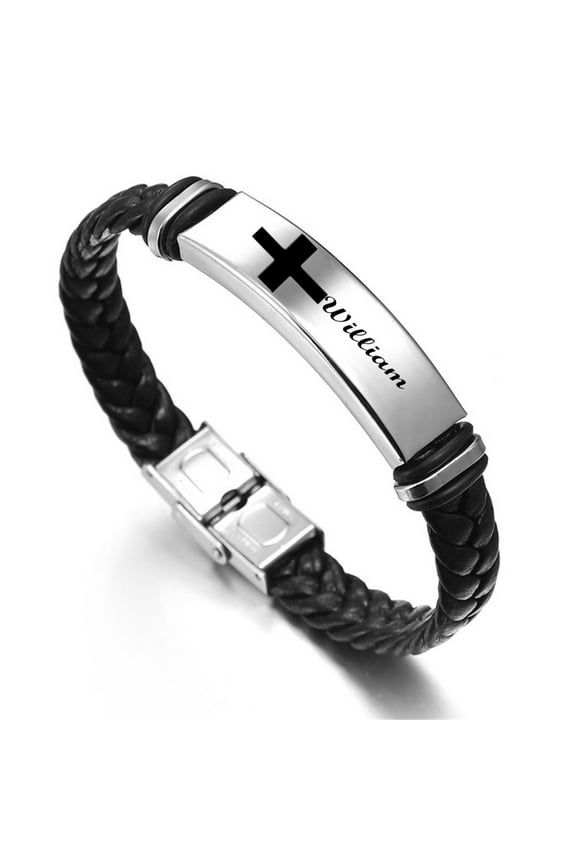 Customized Name with Cross Leather Bracelet Personalized Christ Jewelry for Men Women Amulet Gifts, 8.26'', Black