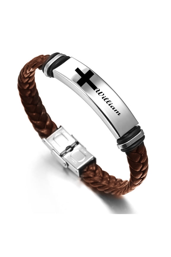 Customized Name with Cross Leather Bracelet Personalized Christ Jewelry for Men Women Amulet Gifts, 8.26'', Brown