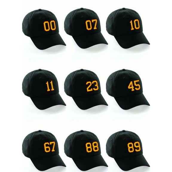 Customized Number Hat 00 to 99 Team Colors Baseball Cap, Black Hat Red Gold Custom