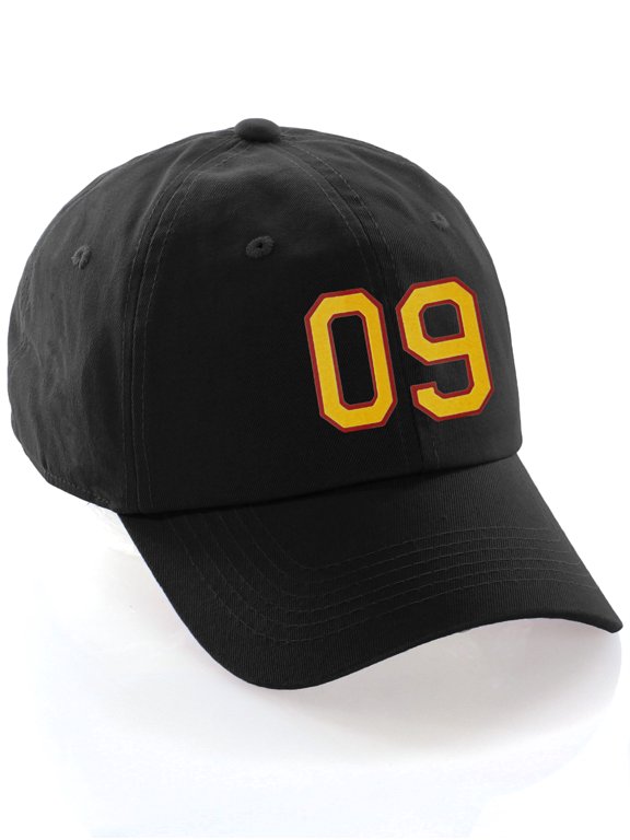 Customized Number Hat 00 to 99 Team Colors Baseball Cap, Black Hat Red Gold Number 09