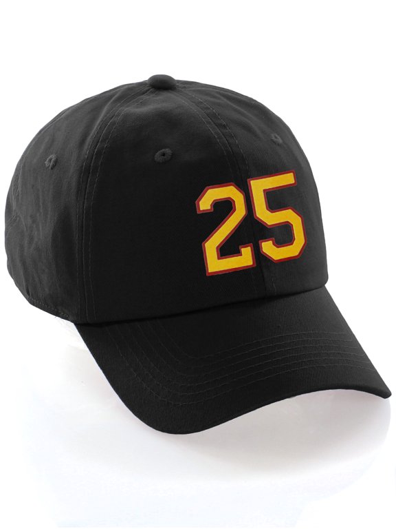 Customized Number Hat 00 to 99 Team Colors Baseball Cap, Black Hat Red Gold Number 25