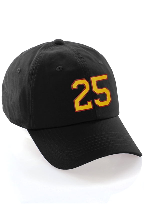 Customized Number Hat 00 to 99 Team Colors Baseball Cap, Black Hat Red Gold Number 25
