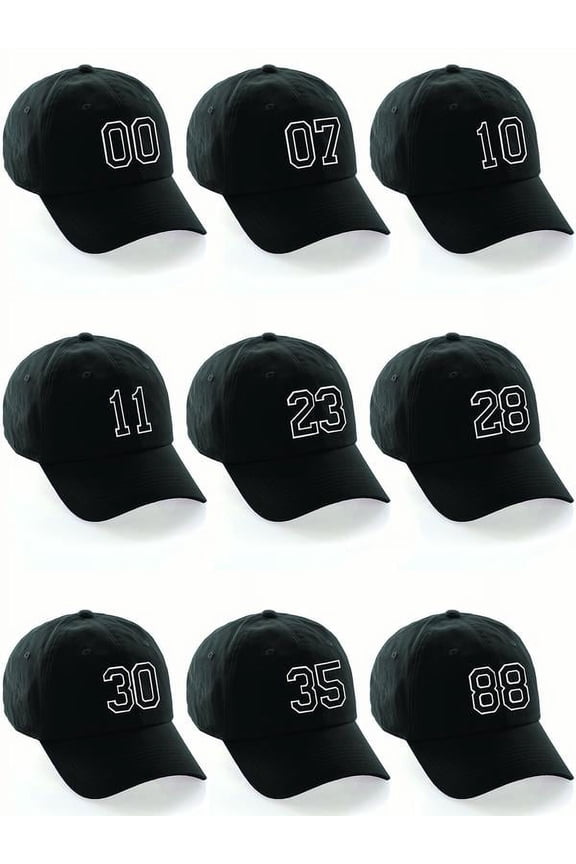 Customized Number Hat 00 to 99 Team Colors Baseball Cap, Black Hat White Black Custom