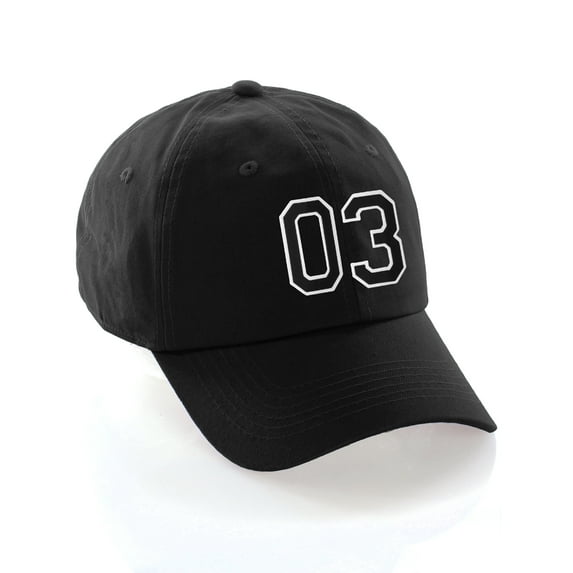 Customized Number Hat 00 to 99 Team Colors Baseball Cap, Black Hat White Black Number 03