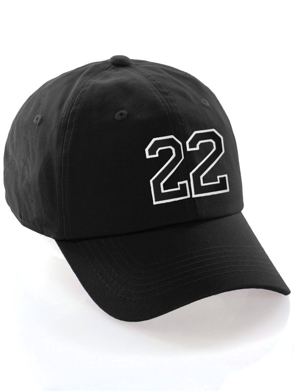 Customized Number Hat 00 to 99 Team Colors Baseball Cap, Black Hat White Black Number 22