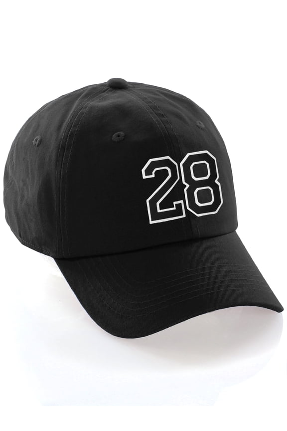 Customized Number Hat 00 to 99 Team Colors Baseball Cap, Black Hat White Black Number 28