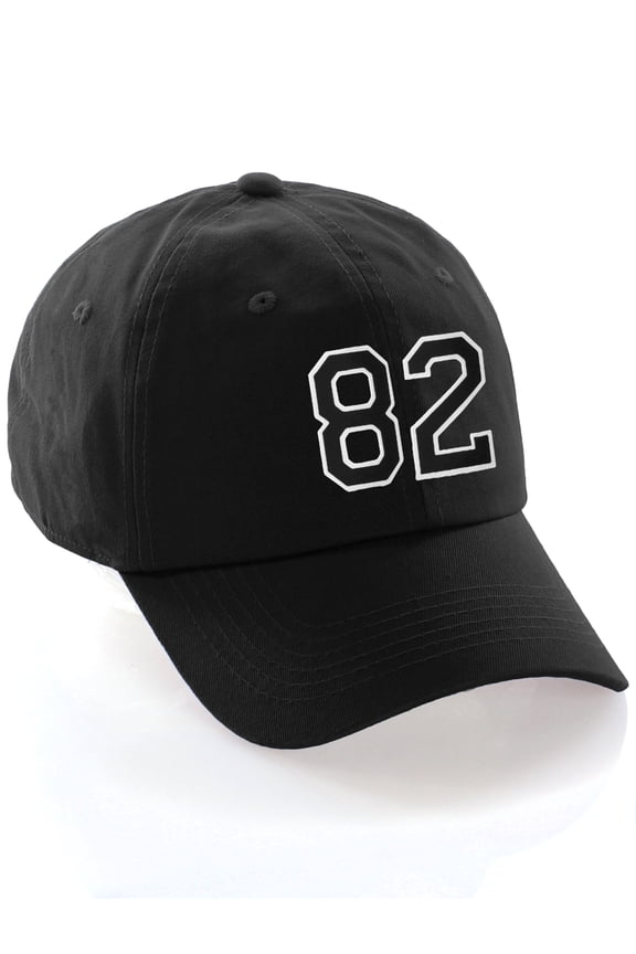 Customized Number Hat 00 to 99 Team Colors Baseball Cap, Black Hat White Black Number 82