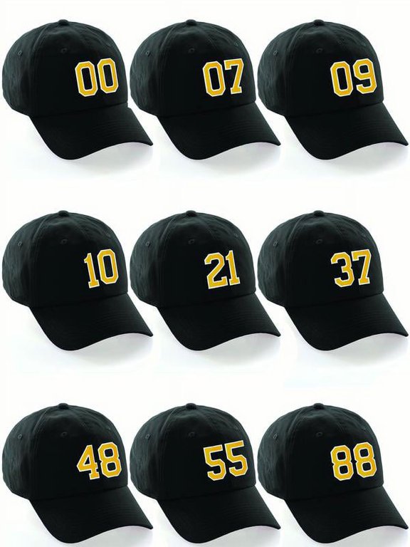 Customized Number Hat 00 to 99 Team Colors Baseball Cap, Black Hat White Gold Custom