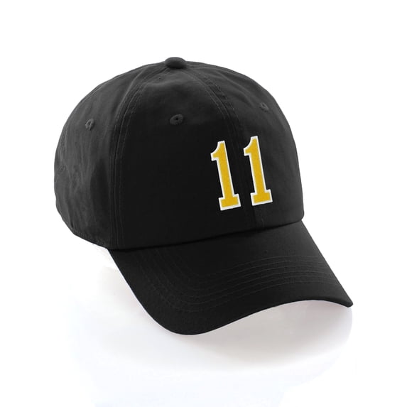 Customized Number Hat 00 to 99 Team Colors Baseball Cap, Black Hat White Gold Number 11