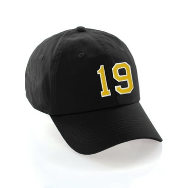Customized Number Hat 00 to 99 Team Colors Baseball Cap, Black Hat White Gold Number 19