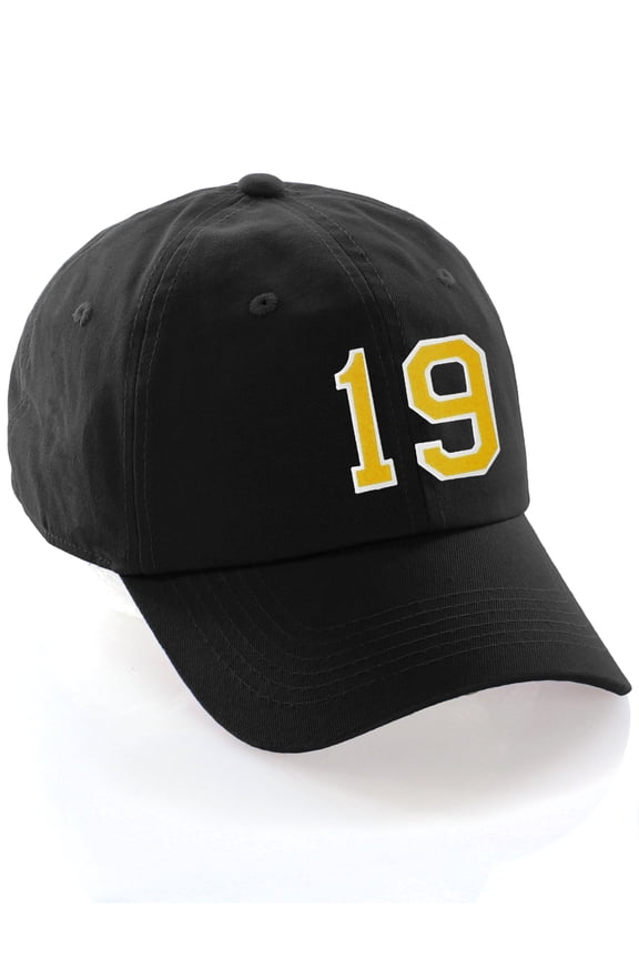 Customized Number Hat 00 to 99 Team Colors Baseball Cap, Black Hat White Gold Number 19