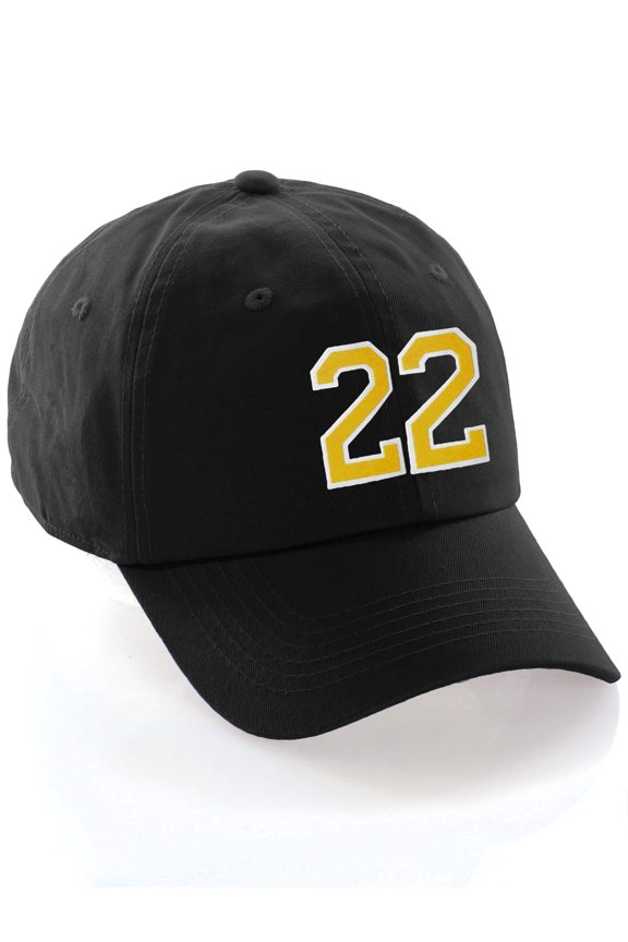 Customized Number Hat 00 to 99 Team Colors Baseball Cap, Black Hat White Gold Number 22