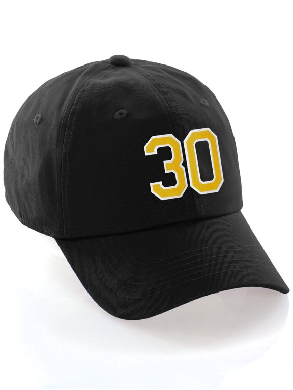 Customized Number Hat 00 to 99 Team Colors Baseball Cap, Black Hat White Gold Number 30