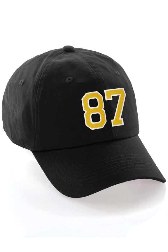 Customized Number Hat 00 to 99 Team Colors Baseball Cap, Black Hat White Gold Number 87