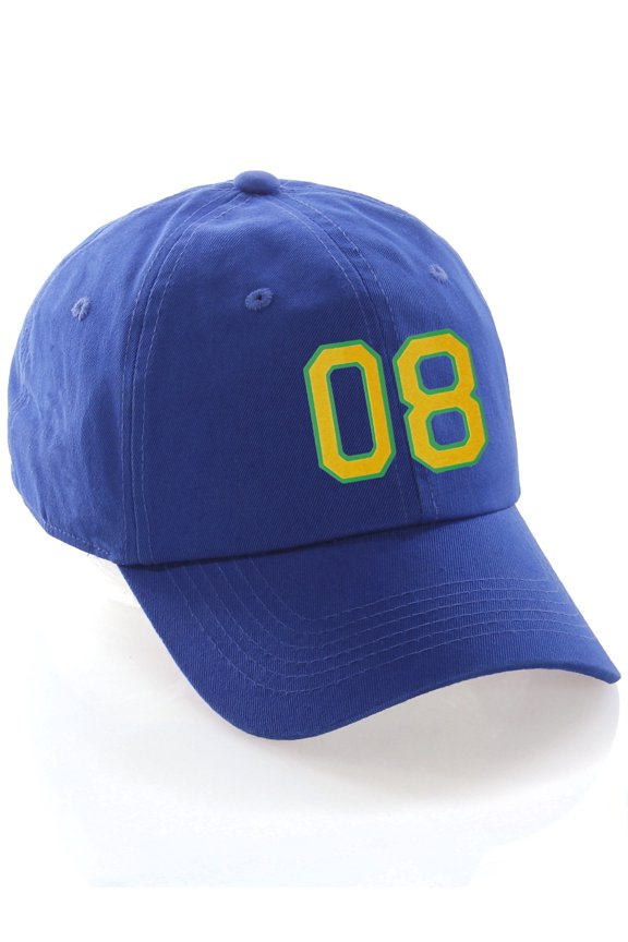 Customized Number Hat 00 to 99 Team Colors Baseball Cap, Blue Hat Green Gold Number 08