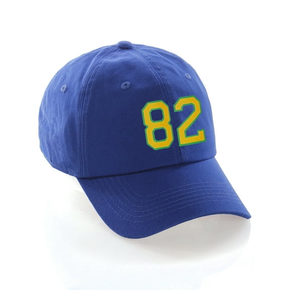 Customized Number Hat 00 to 99 Team Colors Baseball Cap, Blue Hat Green Gold Number 82