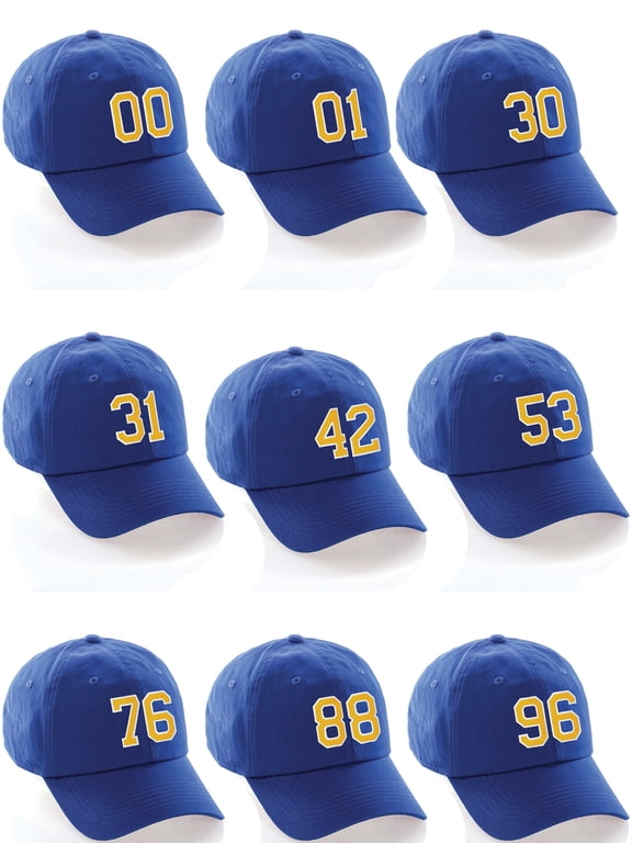 Customized Number Hat 00 to 99 Team Colors Baseball Cap, Blue Hat White Gold Custom