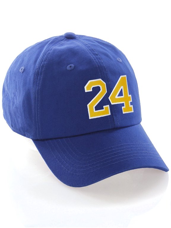 Customized Number Hat 00 to 99 Team Colors Baseball Cap, Blue Hat White Gold Number 24