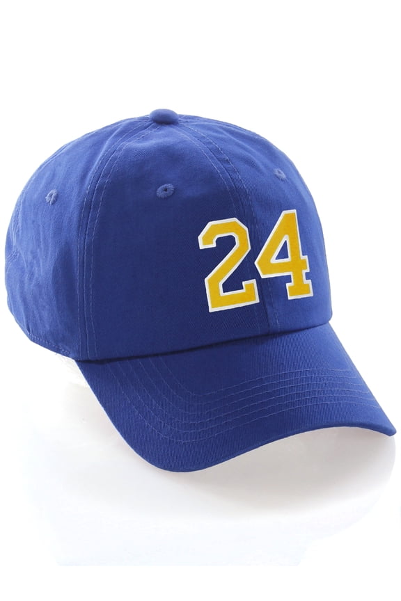 Customized Number Hat 00 to 99 Team Colors Baseball Cap, Blue Hat White Gold Number 24