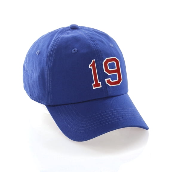 Customized Number Hat 00 to 99 Team Colors Baseball Cap, Blue Hat White Red Number 19
