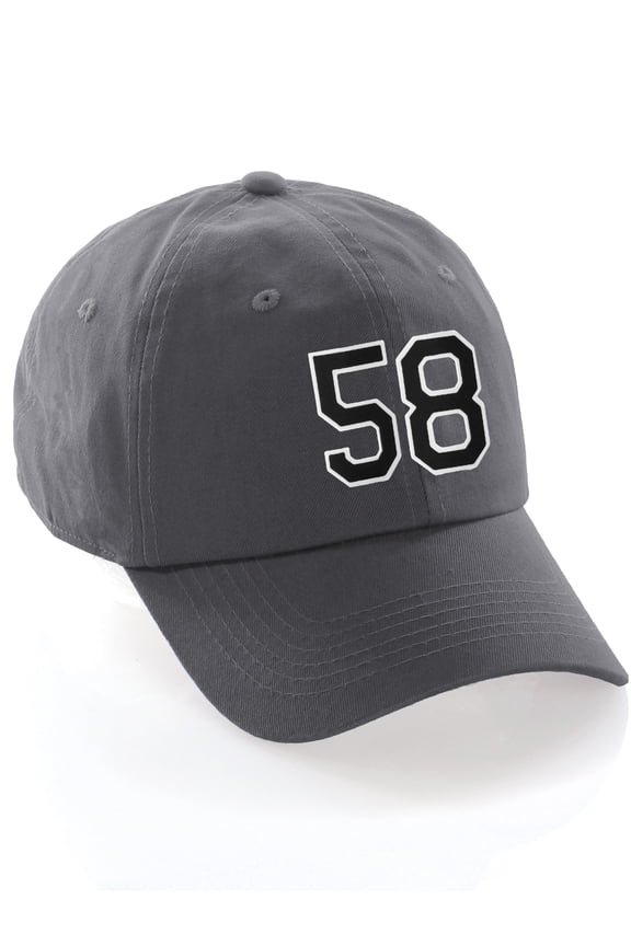 Customized Number Hat 00 to 99 Team Colors Baseball Cap, Charcoal Black White Number 58