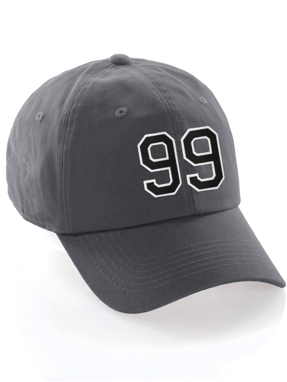 Customized Number Hat 00 to 99 Team Colors Baseball Cap, Charcoal Black White Number 99