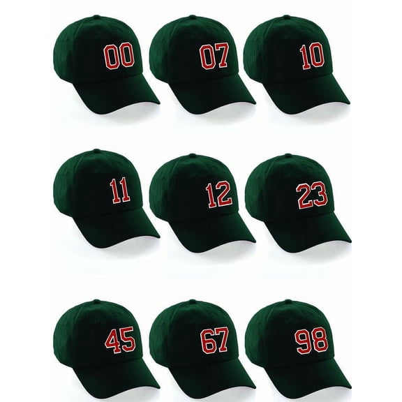 Customized Number Hat 00 to 99 Team Colors Baseball Cap, Dk Green Hat White Red Custom