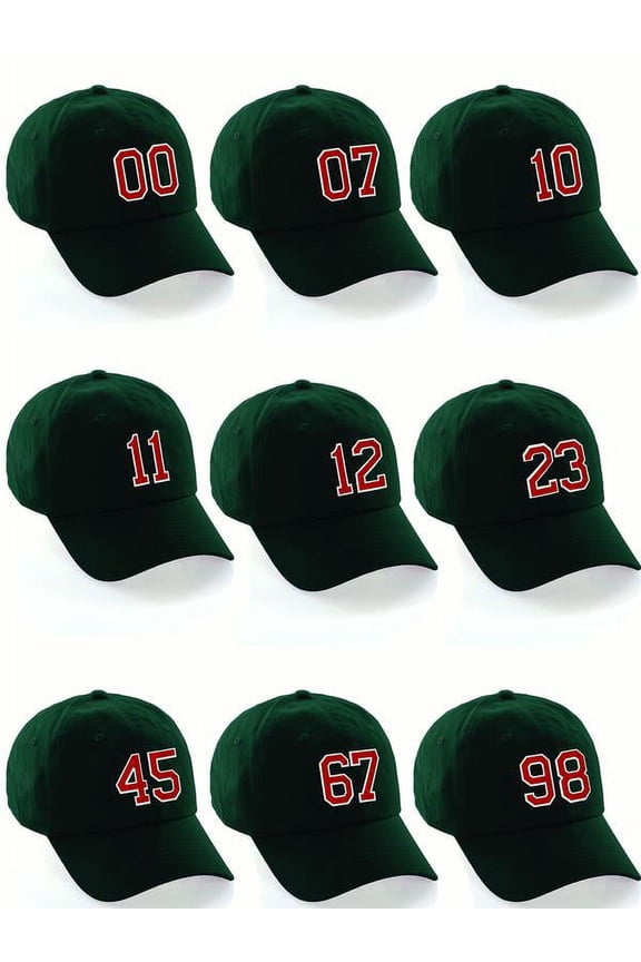 Customized Number Hat 00 to 99 Team Colors Baseball Cap, Dk Green Hat White Red Custom