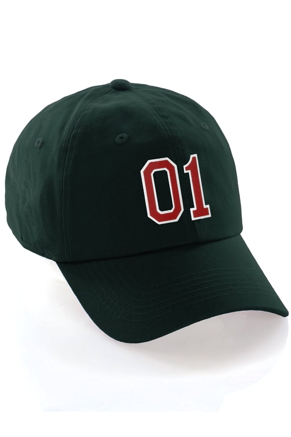 Customized Number Hat 00 to 99 Team Colors Baseball Cap, Dk Green Hat White Red Number 01