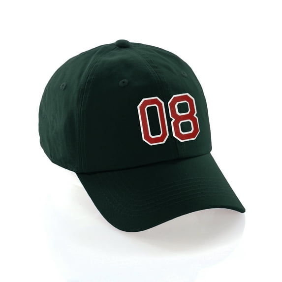 Customized Number Hat 00 to 99 Team Colors Baseball Cap, Dk Green Hat White Red Number 08