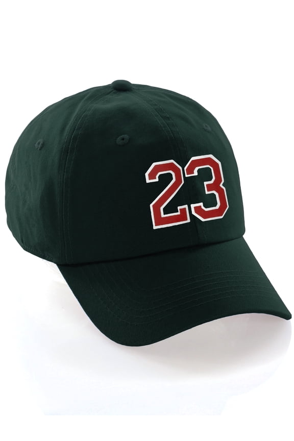 Customized Number Hat 00 to 99 Team Colors Baseball Cap, Dk Green Hat White Red Number 23