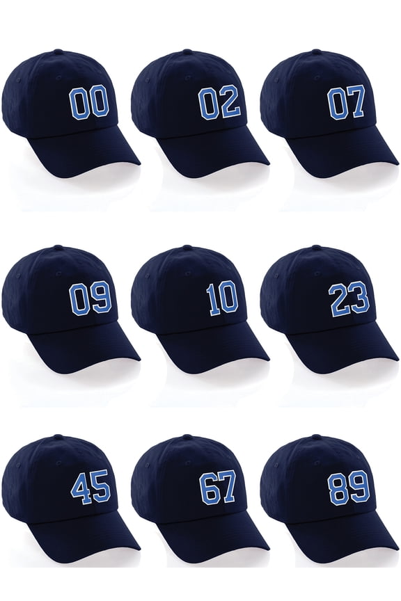 Customized Number Hat 00 to 99 Team Colors Baseball Cap, Navy Hat White Blue Custom