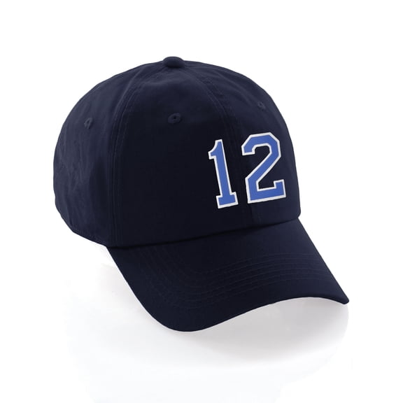 Customized Number Hat 00 to 99 Team Colors Baseball Cap, Navy Hat White Blue Number 12