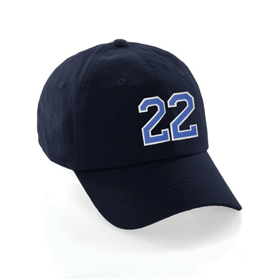 Customized Number Hat 00 to 99 Team Colors Baseball Cap, Navy Hat White Blue Number 22