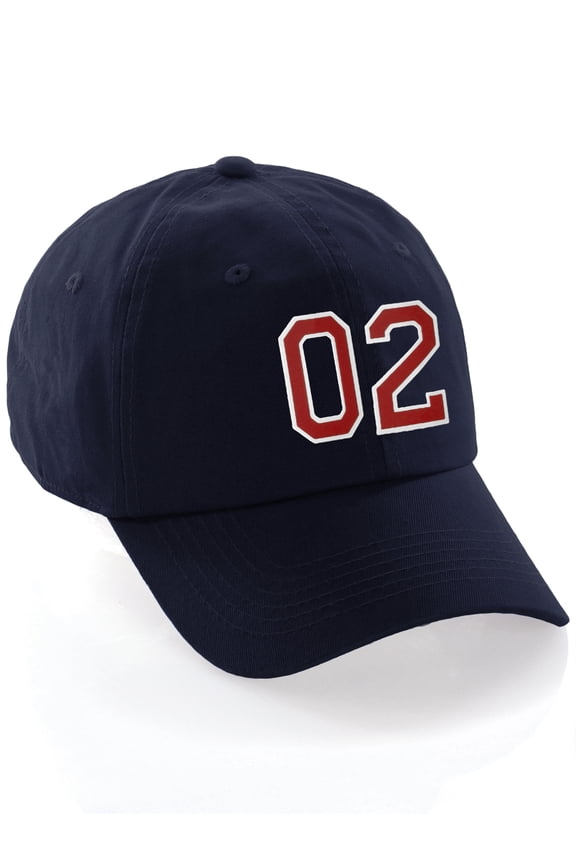 Customized Number Hat 00 to 99 Team Colors Baseball Cap, Navy Hat White Red Number 02