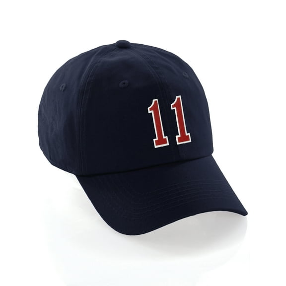Customized Number Hat 00 to 99 Team Colors Baseball Cap, Navy Hat White Red Number 11